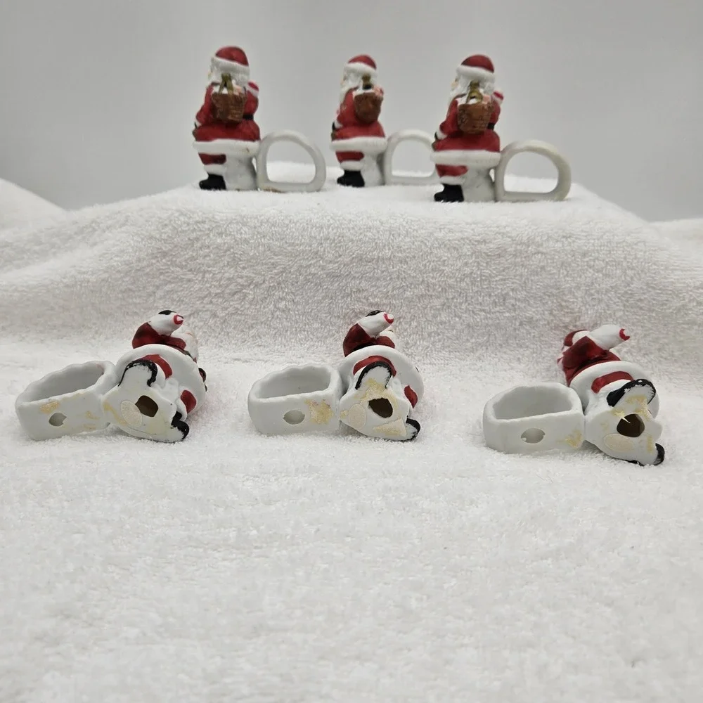 Vtg Santa Claus W/ Bag Candy Cane Ceramic Napkin Rings Hand Painted Set of 6